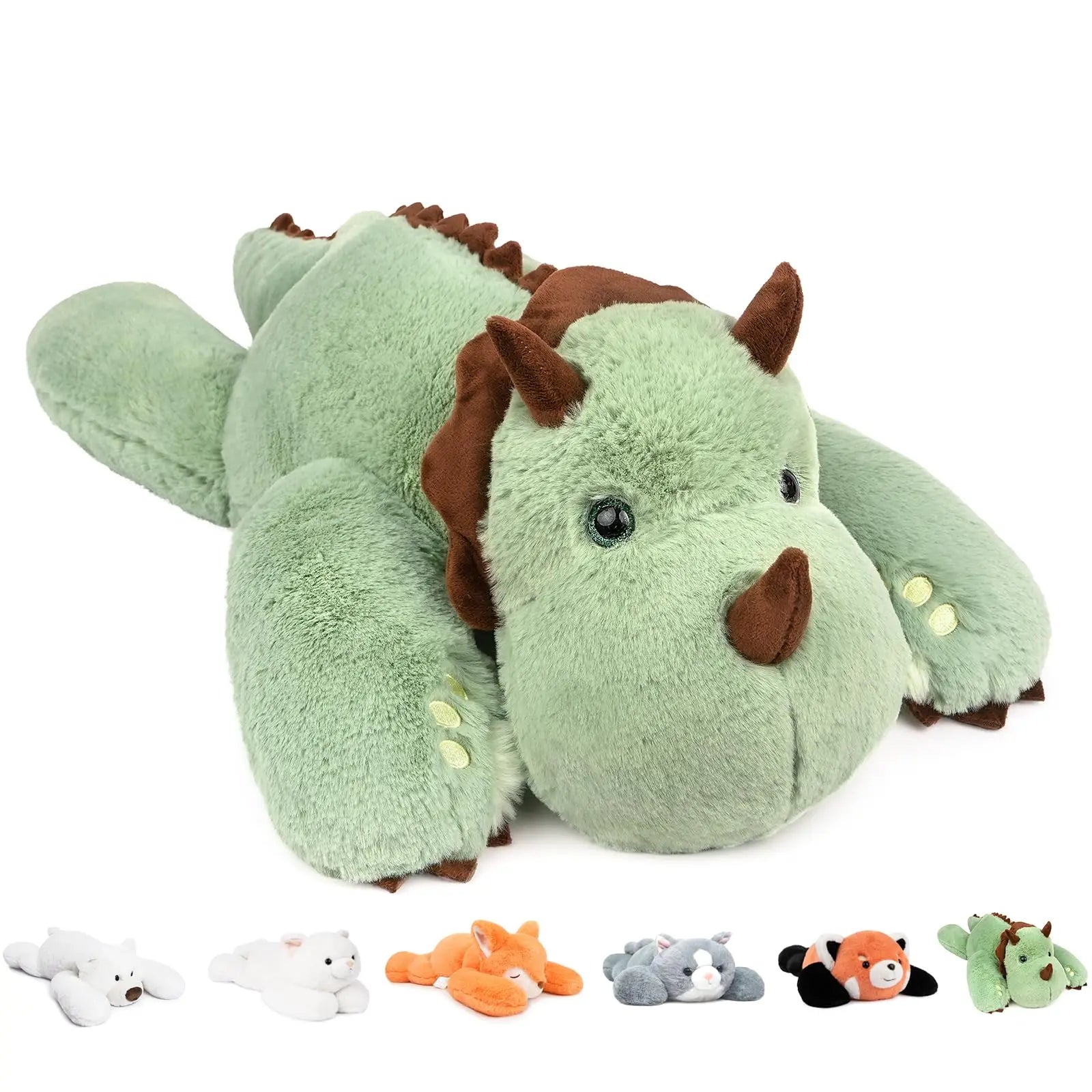 The Niuniu Daddy 20 Weighted Dino Green Plush Toy Pillow lies on its stomach, surrounded by five smaller stuffed animals: a white bear, orange fox, gray cat, red panda, and brown dog—perfect for gifts or holidays.