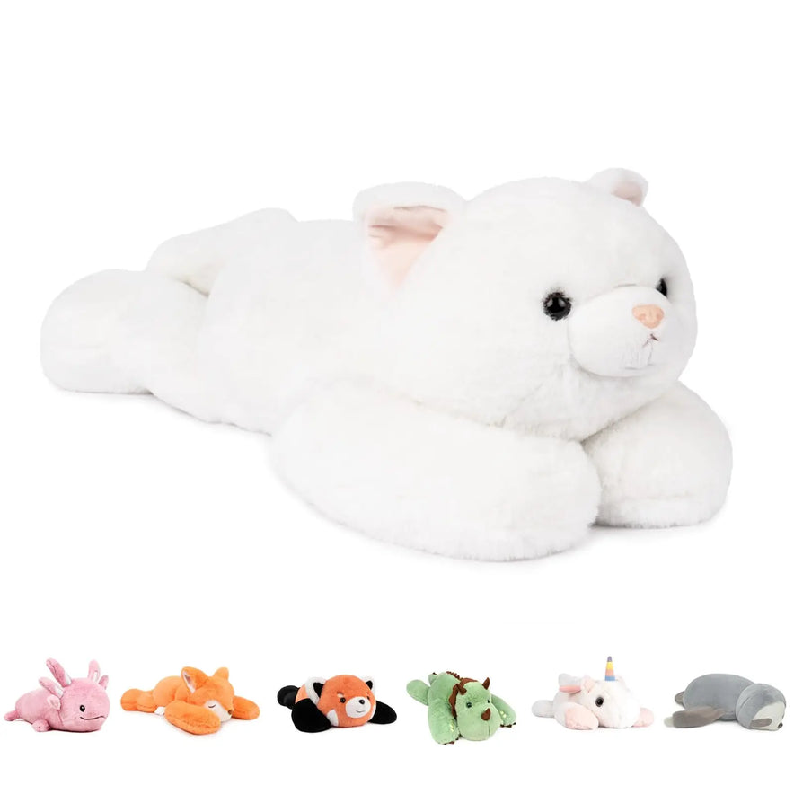 The Niuniu Daddy 20 White Cat Weighted Stuffed Animal Pillow is stretched out with head up, surrounded by smaller plush toys—pink bunny, orange fox, red panda, green dinosaur, white unicorn, and gray seal in similar poses.