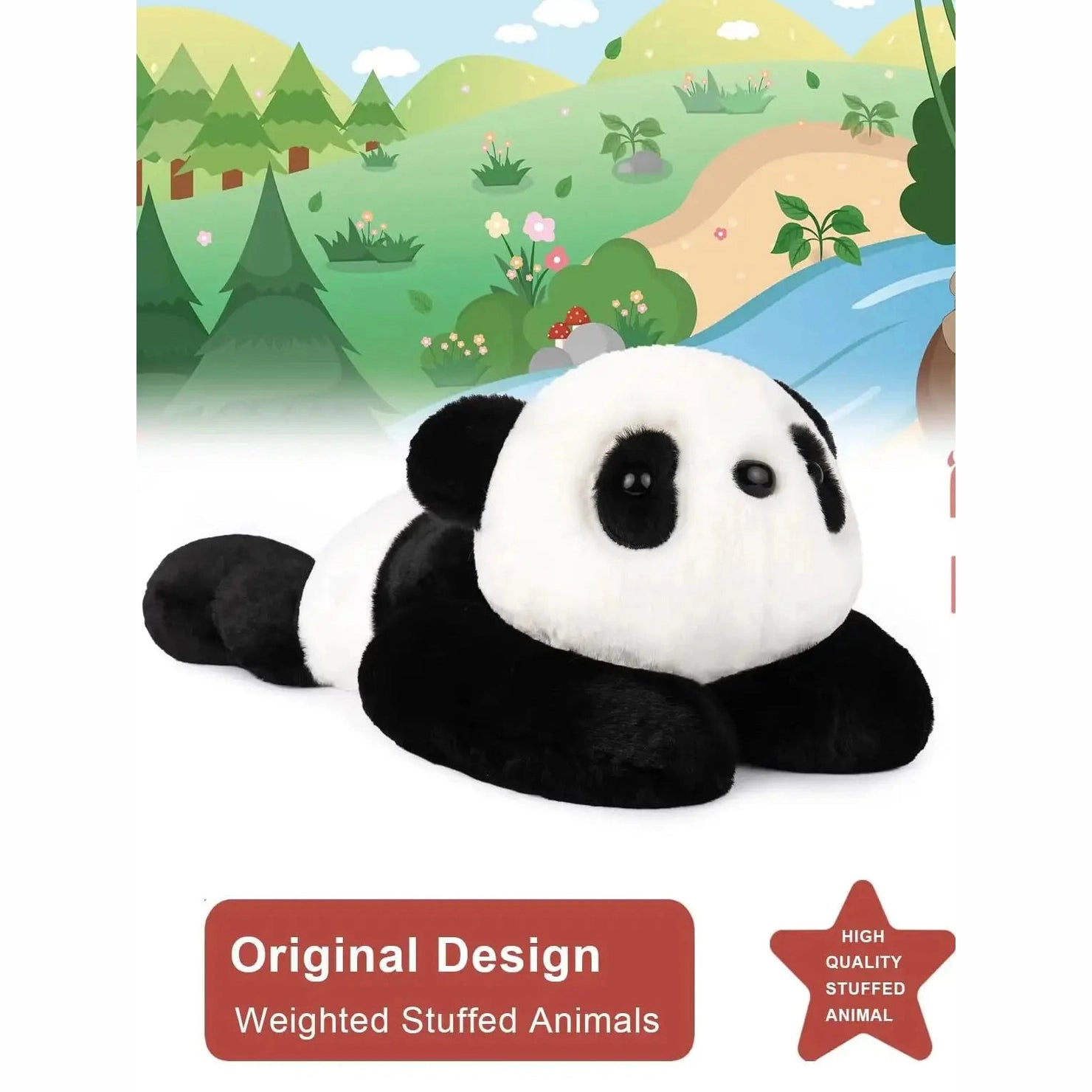 A Niuniu Daddy 20 weighted plush toy, perfect for adults and kids, lies on its stomach with soft fur against a green cartoon forest background. Below: “Original Design Weighted Stuffed Animals.” A red star label says “High Quality Stuffed Animal.”.