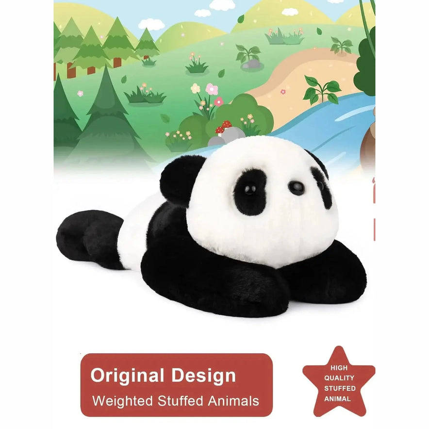A Niuniu Daddy 20 weighted plush toy, perfect for adults and kids, lies on its stomach with soft fur against a green cartoon forest background. Below: “Original Design Weighted Stuffed Animals.” A red star label says “High Quality Stuffed Animal.”.