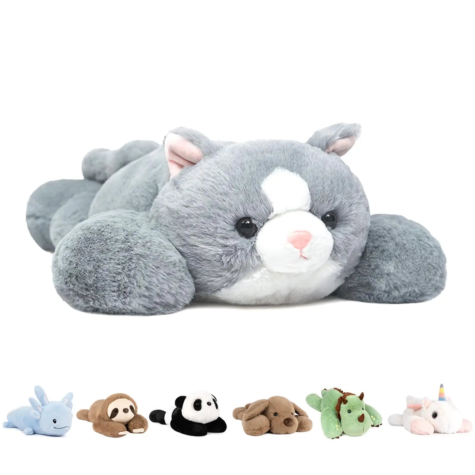 The Niuniu Daddy 20 Weighted Stuffed Animals Cat is a large, gray plush pillow with soft fur. Below it are six small plush animals: blue bunny, brown sloth, panda, dog, green dinosaur, and white unicorn. Perfect gift for kids or adults.