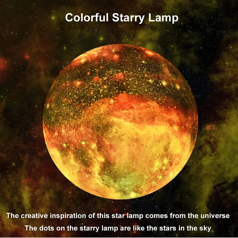 The Celestial 3D Moon Lamp LED Night Light emits warm, multicolored light like a starry galaxy, featuring its cosmic design inspiration and the product name Celestial 3D Moon Lamp LED Night Light - Enchanting Starry Decor Gift for Kids and Adults.