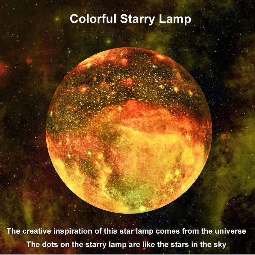 The Celestial 3D Moon Lamp LED Night Light emits warm, multicolored light like a starry galaxy, featuring its cosmic design inspiration and the product name Celestial 3D Moon Lamp LED Night Light - Enchanting Starry Decor Gift for Kids and Adults.