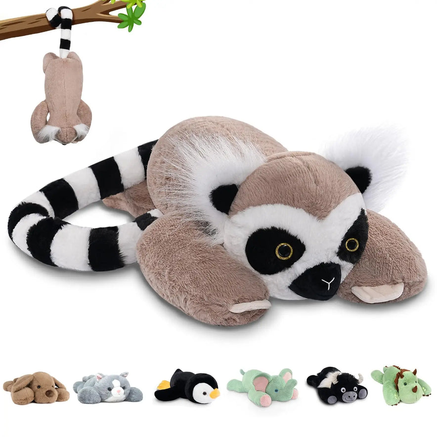 The Niuniu Daddy 20 Weighted Stuffed Animal in lemur lies on the ground, its soft plush body featuring a striped tail and big eyes. In front are smaller stuffed animal pillows—dog, cat, penguin, frog, bear, and turtle.