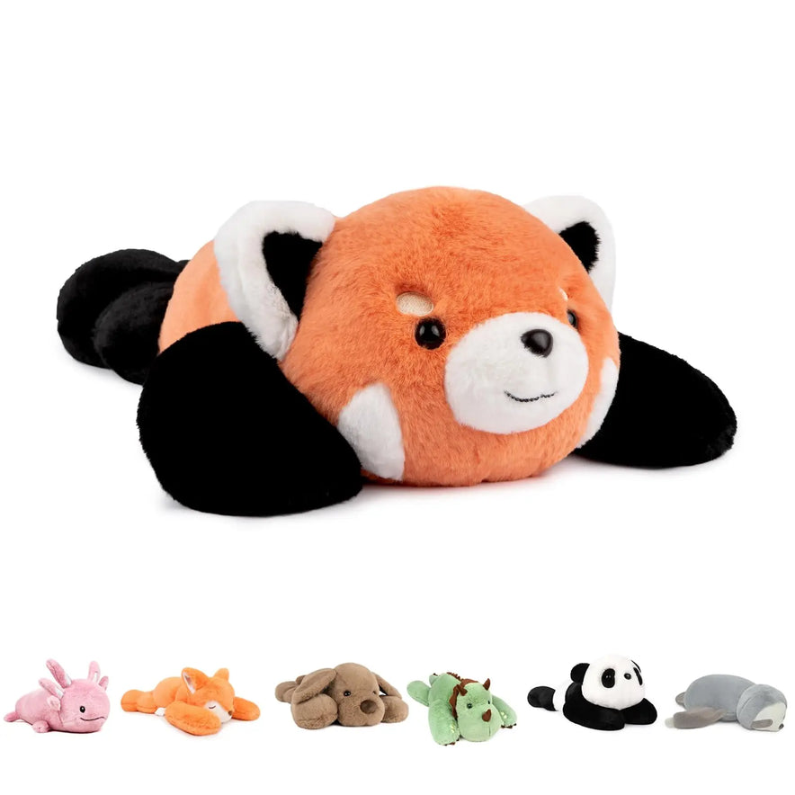The Niuniu Daddy 20 redpanda weighted stuffed animal pillow lies flat with legs spread. Below it are six smaller plush toys: a pink bunny, orange fox, brown dog, green dinosaur, black and white panda, and gray seal.