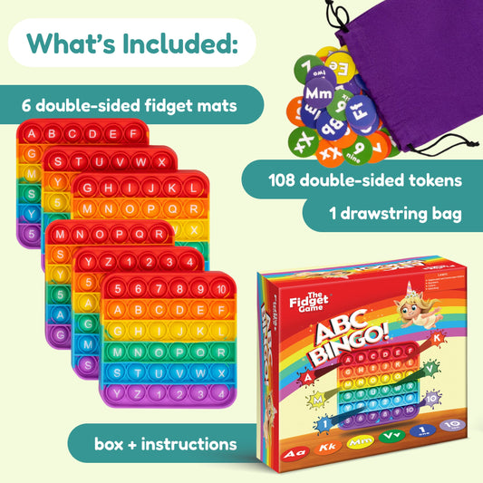 ABC BINGO! Letter Sounds Game educational set featuring six double-sided alphabet and number fidget mats, 108 double-sided tokens, a purple drawstring storage bag, and the fidget bingo game box with instructions.
