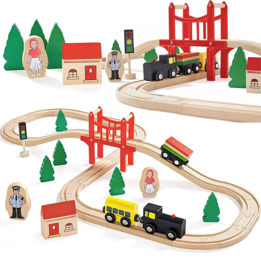 Wooden Train Set - 39 Pieces includes tracks, red bridge, trees, buildings, traffic lights, figures, and two trains (black/yellow and black/green). Classic battery-free toy for ages 7-12. Compatible with Thomas, Brio, IKEA & Melissa and Doug.