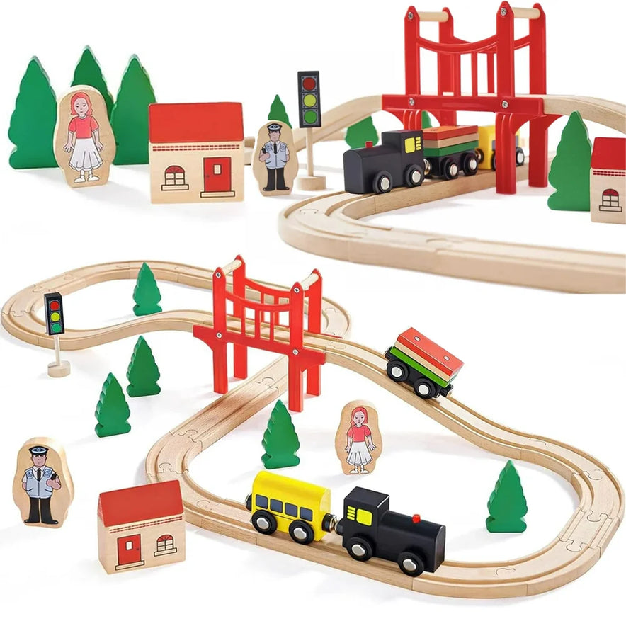 Wooden Train Set - 39 Pieces includes tracks, red bridge, trees, buildings, traffic lights, figures, and two trains (black/yellow and black/green). Classic battery-free toy for ages 7-12. Compatible with Thomas, Brio, IKEA & Melissa and Doug.