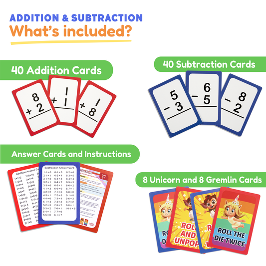 Pre-K & K Addition & Subtraction Card Pack featuring red addition cards, blue subtraction cards, an answer key, instruction cards, and illustrated character cards.