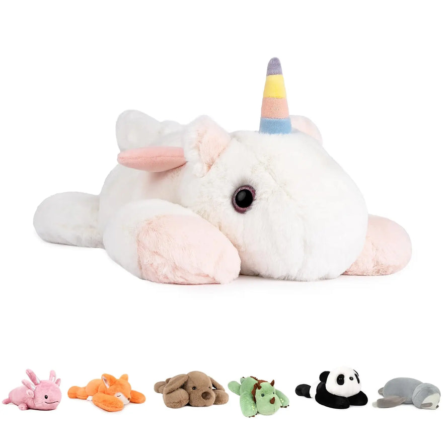 The Niuniu Daddy 20 Weighted Stuffed Animal in unicorn features soft white fur, a rainbow-striped horn, pink accents, and cushion-like design. It comes with six mini plush animals—a rabbit, fox, dog, dragon, panda, and whale—in similar poses.