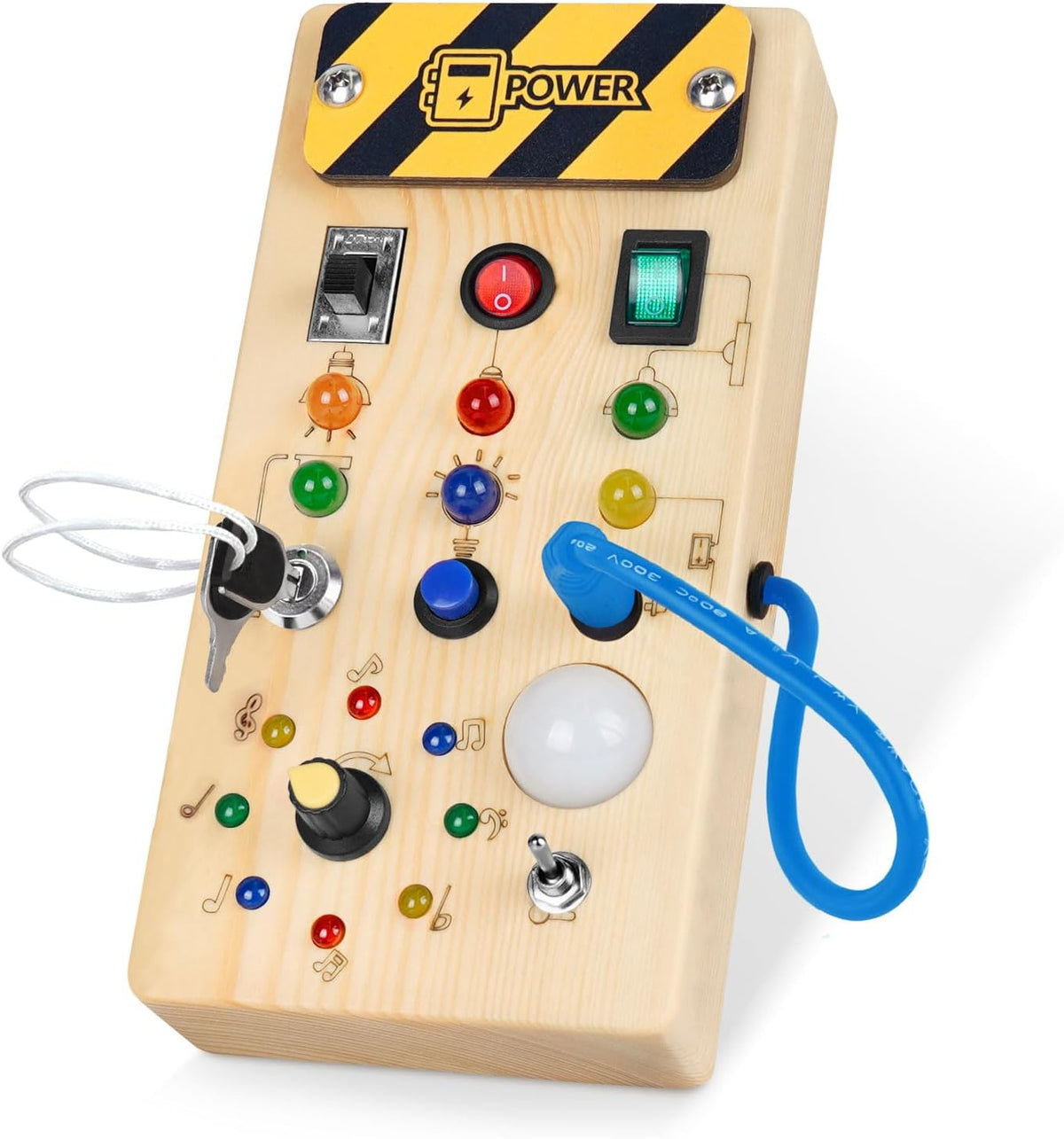 A Montessori LED Light-Switch Busy Board with a wooden frame featuring various light switches, buttons, colorful LED lights, a key, and a plug connector, plus a POWER label at the top to encourage fine motor skills.