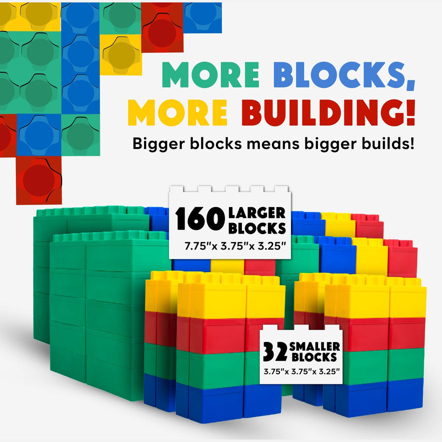 The Jumbo Building Blocks 192 PC - Jumbo Set includes 160 large blocks (7.75x3.75x3.25) and 32 small blocks (3.75x3.75x3.25) for bigger, bolder builds—more pieces for more creative building fun!.