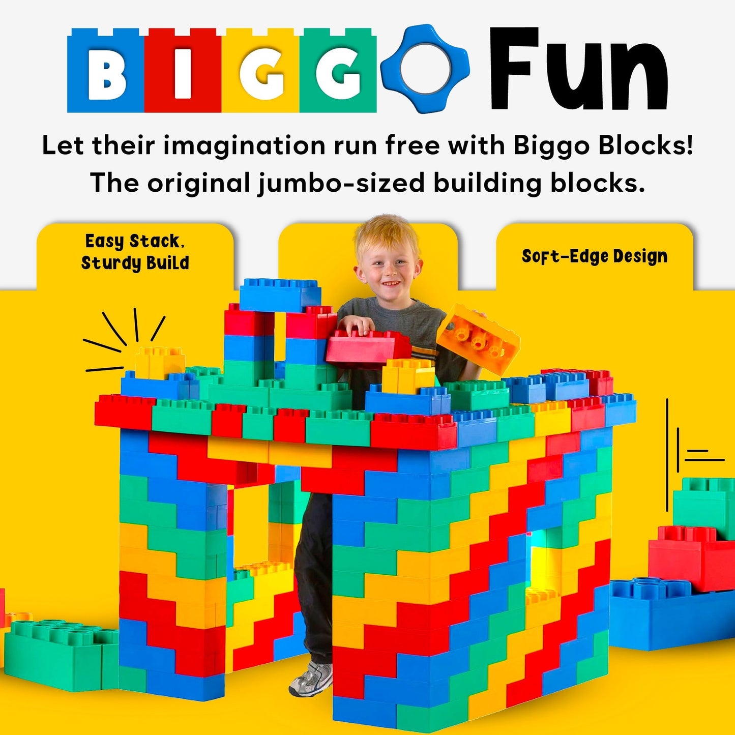 A smiling child stands inside a colorful house built from Jumbo Building Blocks 192 PC - Jumbo Set. Text highlights Easy Stack, Sturdy Build, and Soft-Edge Design. Blocks come in red, yellow, green, and blue.