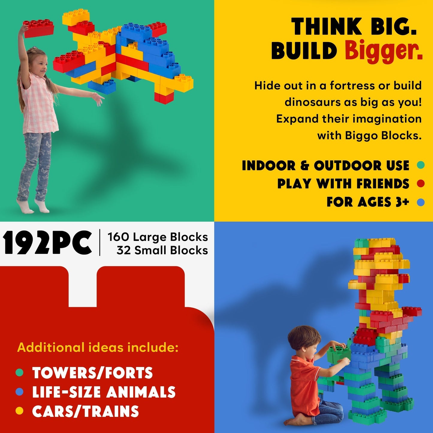 A young girl tosses Jumbo Building Blocks in the air while a boy builds a tall tower. The 192-piece Jumbo Building Blocks set is great for creative indoor or outdoor play, sparking imagination and fun building adventures.