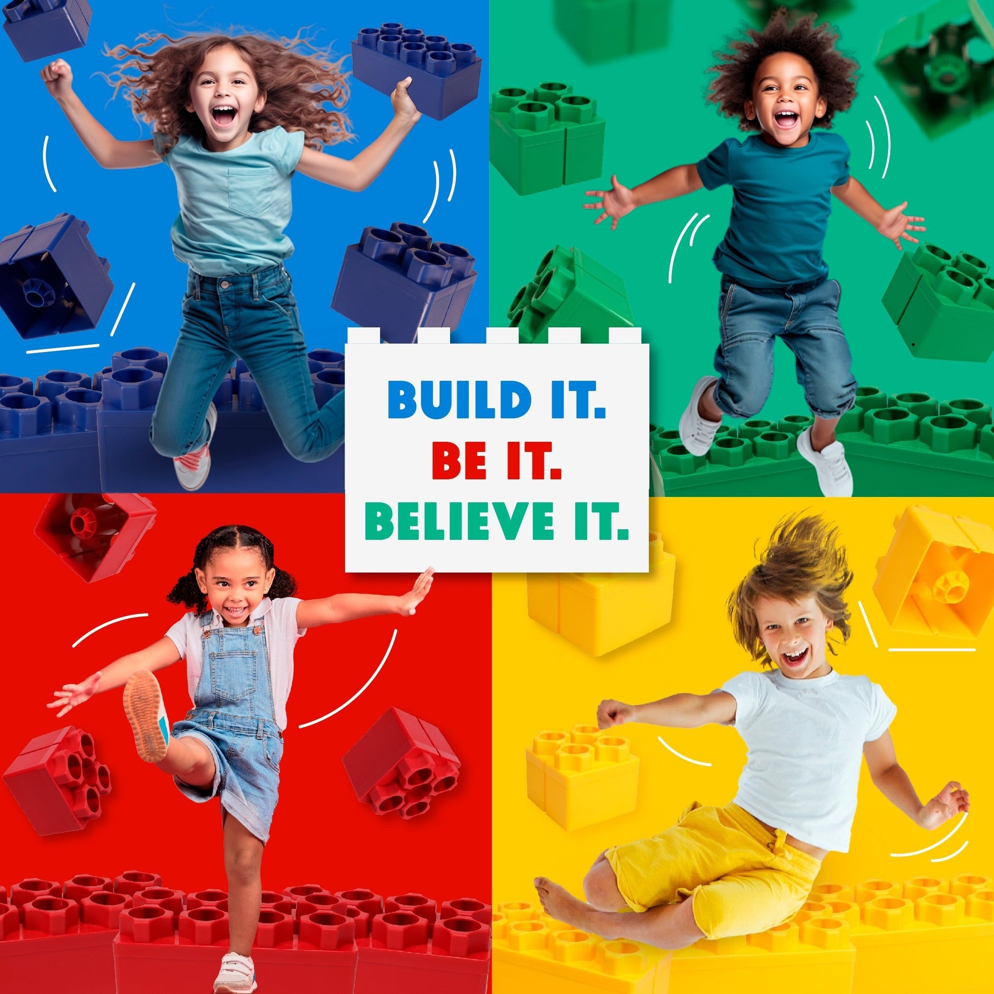 Four children jump joyfully in colorful quadrants, each with Jumbo Building Blocks 192 PC - Jumbo Set. The center block shows: BUILD IT. BE IT. BELIEVE IT. Each childs background matches their jumbo blocks color.