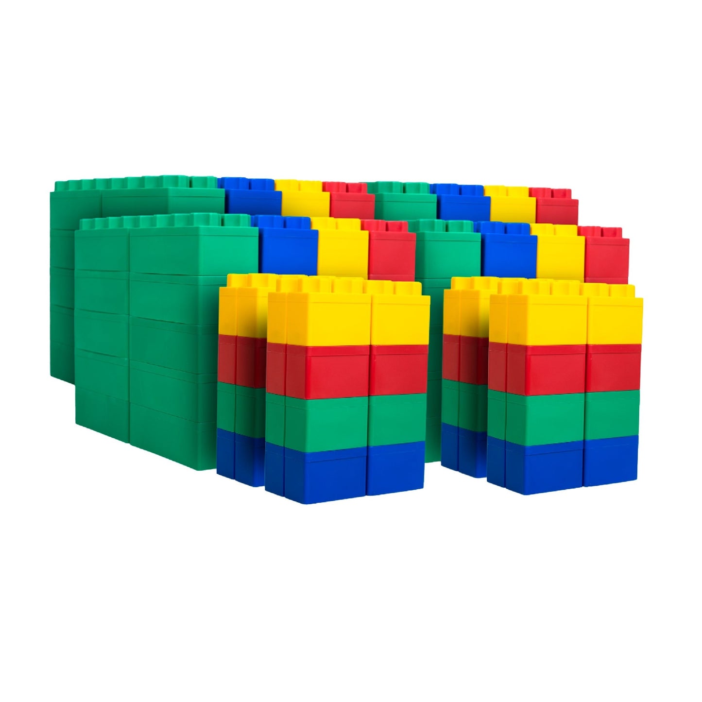 The Jumbo Building Blocks 192 PC - Jumbo Set features green, yellow, red, and blue blocks stacked in tall rectangular shapes against a white background.