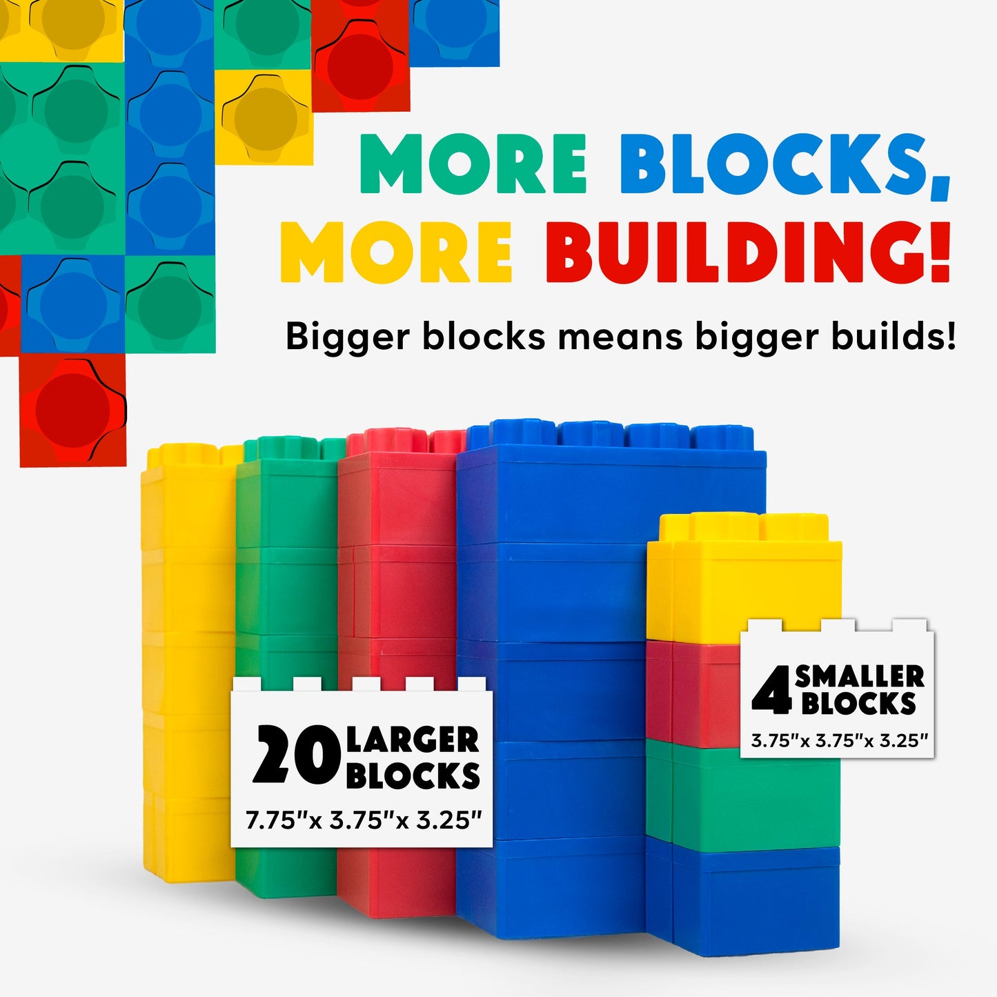 The Jumbo Building Blocks 24 PC - Beginner Set features colorful yellow, green, red, and blue blocks. Includes 20 large and 4 small pieces for bigger builds—more blocks, more building fun!.