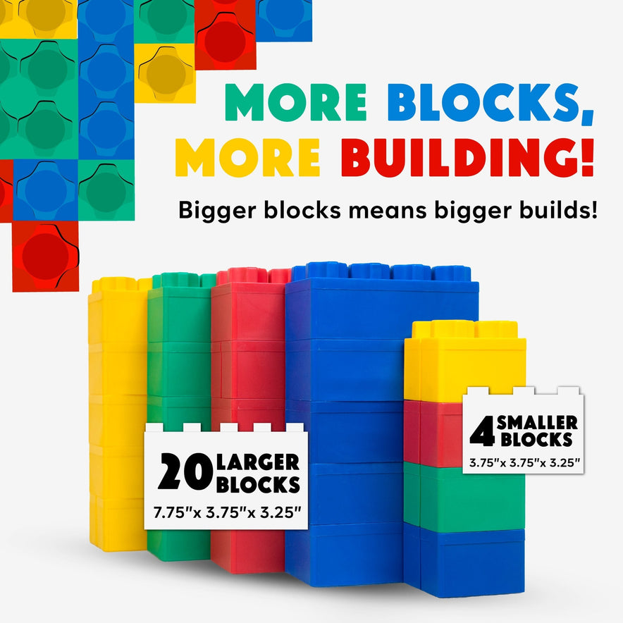 The Jumbo Building Blocks 24 PC - Beginner Set features colorful yellow, green, red, and blue blocks. Includes 20 large and 4 small pieces for bigger builds—more blocks, more building fun!.