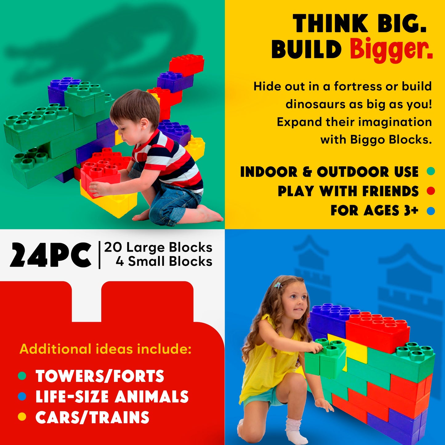 Two kids build towers, animals, and vehicles with the Jumbo Building Blocks 24 PC - Beginner Set. For ages 3+, these colorful outdoor blocks offer creative play with 24 interlocking pieces that support imagination and motor skills.