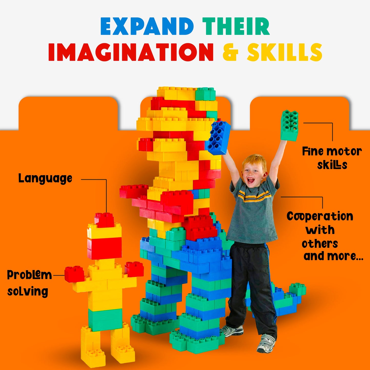A young boy smiles and raises his arm beside a colorful structure made from the Jumbo Building Blocks 24 PC - Beginner Set, which supports language, problem solving, fine motor skills, cooperation, and imagination.