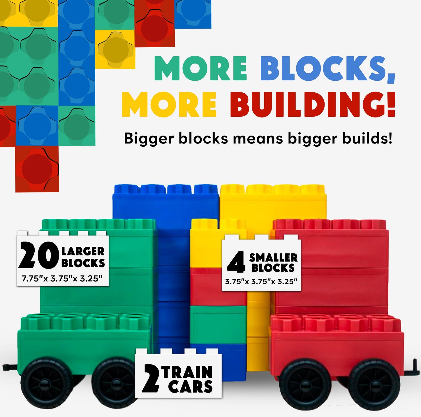 The Jumbo Building Blocks 24 PC with 2 Wheel Kits - Big City Set features colorful jumbo blocks and two train cars. Enjoy bigger builds with 20 large, 4 small blocks, and 2 wheel kits—more blocks, more building fun!.