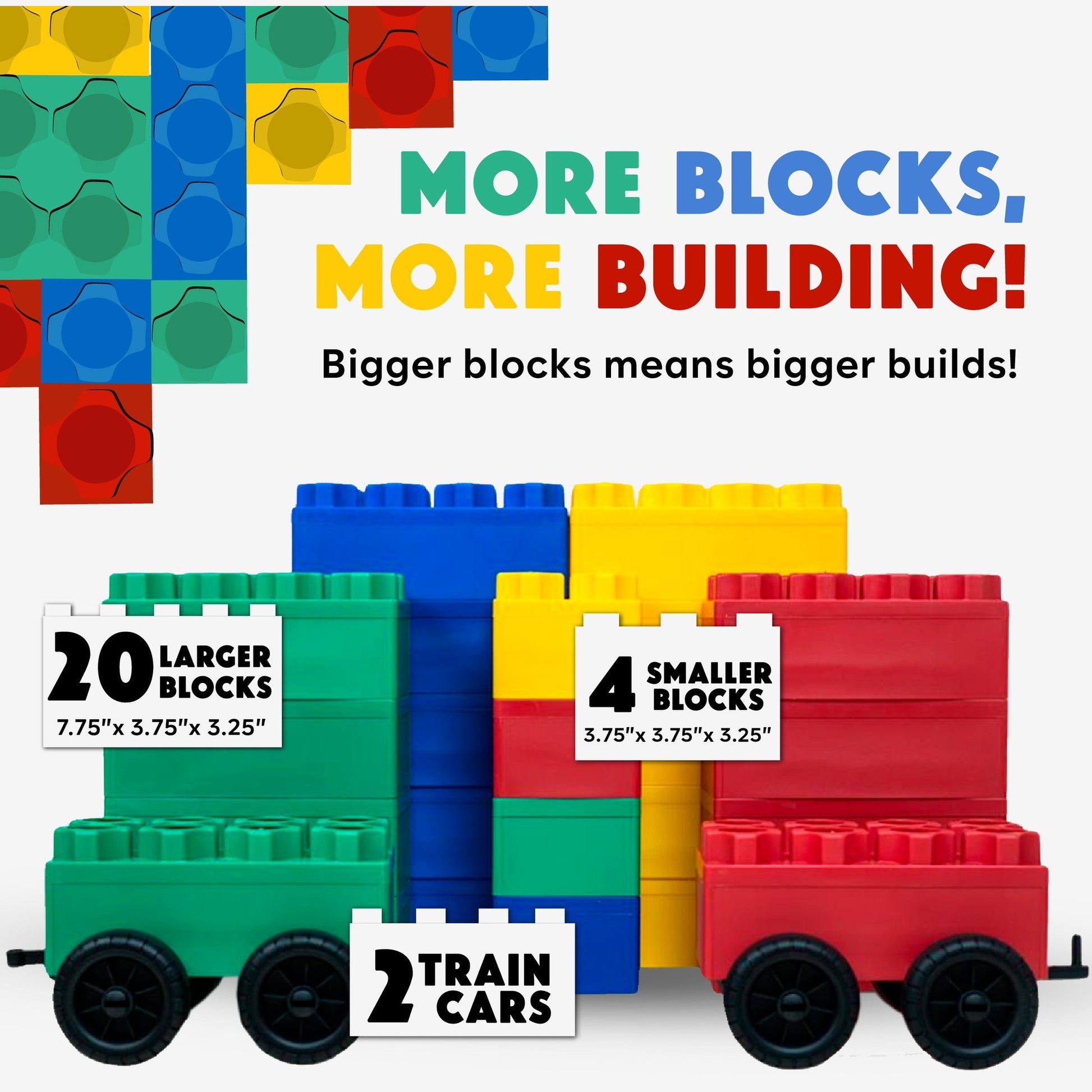 The Jumbo Building Blocks 24 PC with 2 Wheel Kits - Big City Set features colorful jumbo blocks and two train cars. Enjoy bigger builds with 20 large, 4 small blocks, and 2 wheel kits—more blocks, more building fun!.