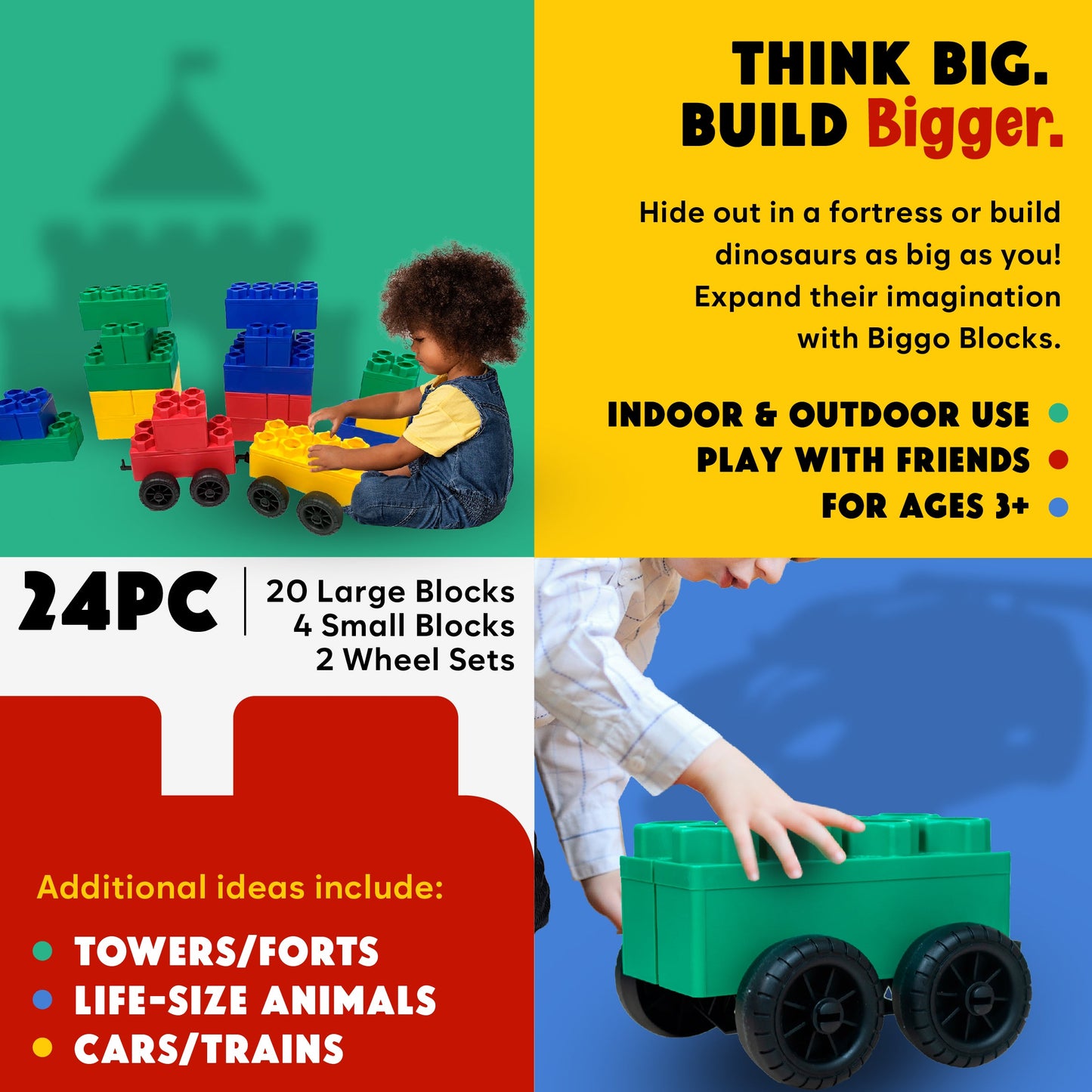 A young child builds and plays with the Jumbo Building Blocks 24 PC with 2 Wheel Kits – Big City Set by Biggo Blocks, designed for ages 3+. Bold colors inspire imaginative play and creativity with included wheels for more building ideas.