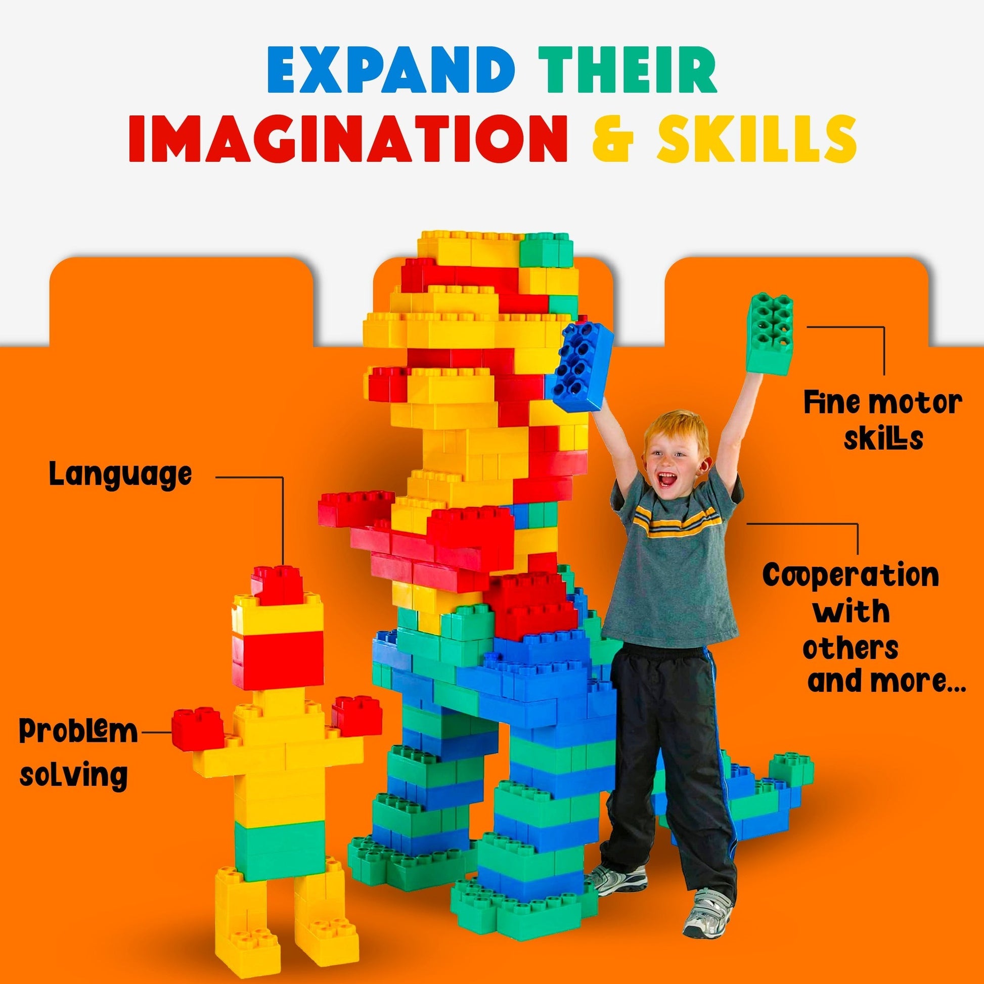 A smiling child stands next to a tall, colorful structure built with the Jumbo Building Blocks 36 PC Train Set. Text highlights benefits: language, problem-solving, fine motor skills, and cooperative play.
