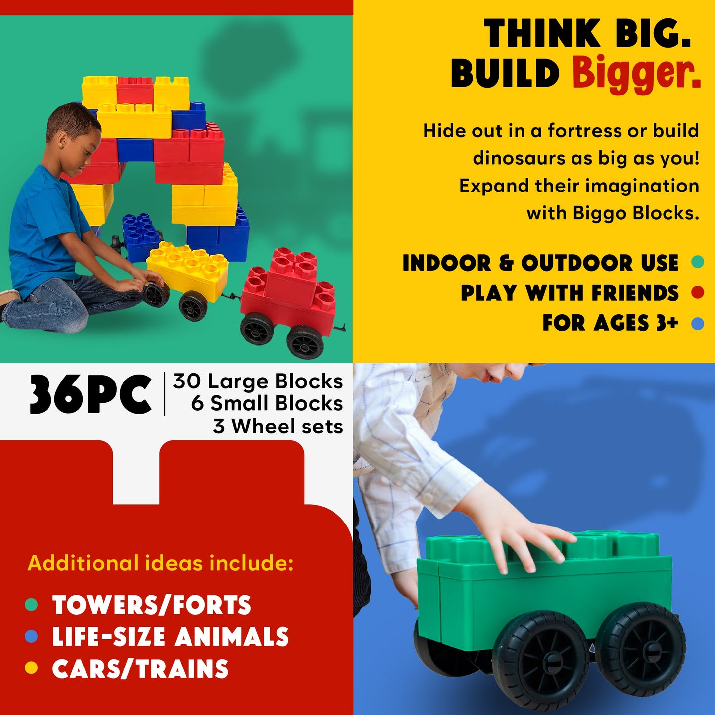A child builds a vibrant wall with the Jumbo Building Blocks 36 PC with 3 Wheel Kits - Train Set, while another pulls a green block cart. Ideal for ages 3+, Biggo Blocks inspire creative play and new building adventures.