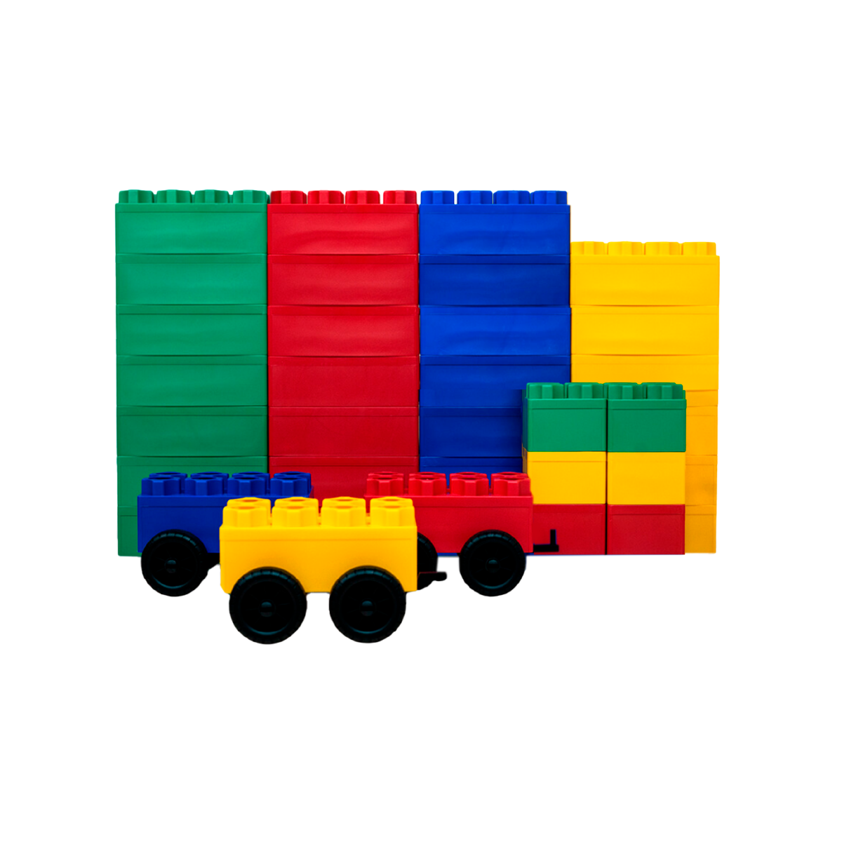 The Jumbo Building Blocks 36 PC with 3 Wheel Kits - Train Set forms a colorful wall of green, red, blue, and yellow blocks, with a toy train built from the sets blocks and wheels displayed in front.