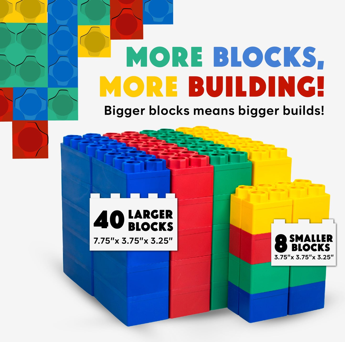 The Jumbo Building Blocks 48 PC - Learner Set includes vibrant red, blue, green, and yellow jumbo blocks—40 large and 8 small—for creative and bigger building fun! Text: “More Blocks, More Building! Bigger blocks mean bigger builds!”.