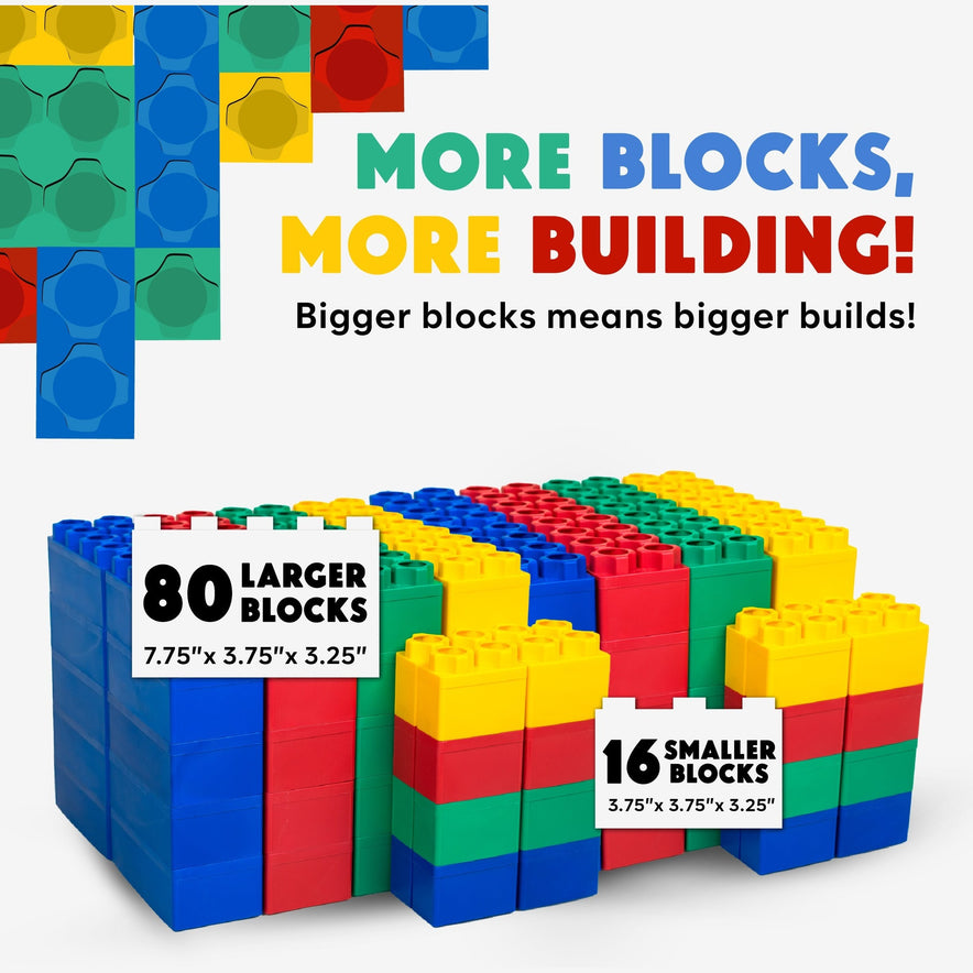 The Jumbo Building Blocks 96 PC - Standard Set includes colorful blue, green, red, and yellow blocks: 80 large and 16 small pieces. Build big with these giant blocks—more pieces mean even bigger creations!.