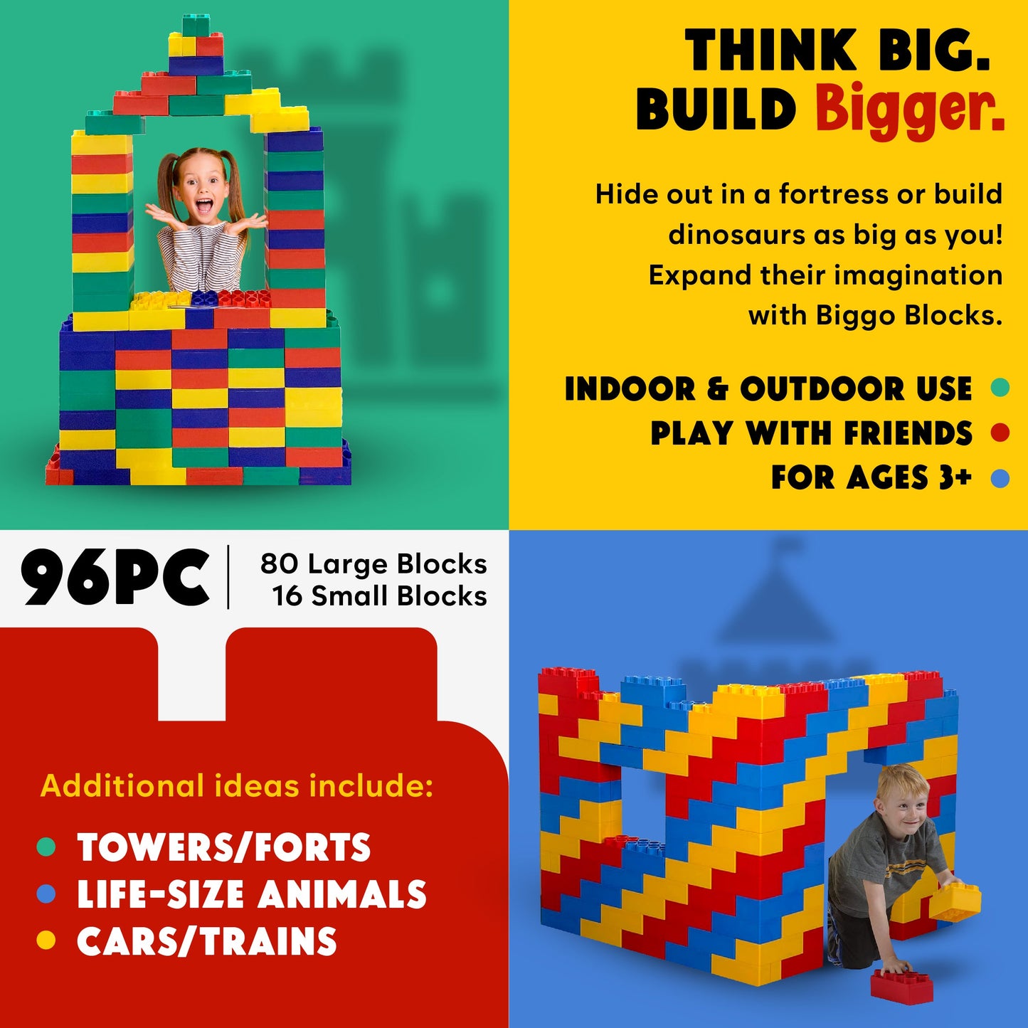 A vibrant image for Jumbo Building Blocks 96 PC - Standard Set shows kids building forts, towers, animals, and cars with 80 large and 16 small blocks. For ages 3+. Bold text: THINK BIG. BUILD Bigger.