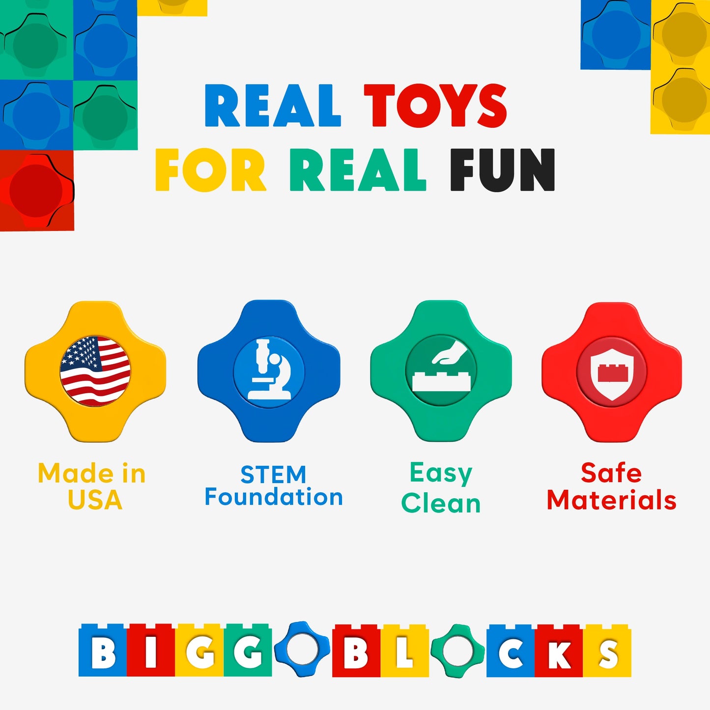 Colorful graphic with “Real Toys for Real Fun.” Four icons: Made in USA, STEM Foundation, Easy Clean, Safe Materials. Bottom text spells Biggo Blocks—the perfect Jumbo Building Blocks 96 PC - Standard Set for endless play.