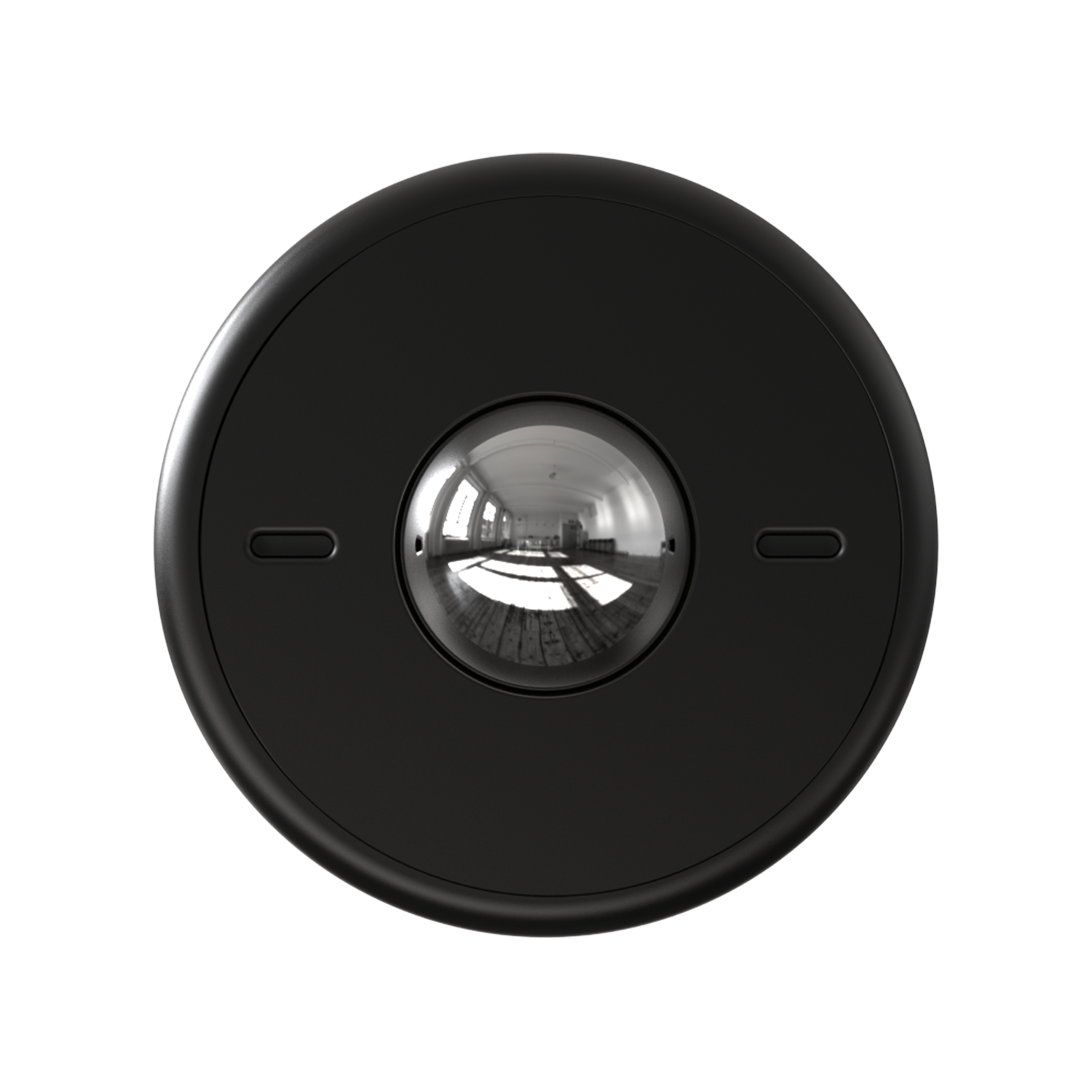 The ONO Scroller Aluminum in Midnight features a black circular design with a central reflective dome and two horizontal slits, resembling a sleek steel rollerball that reflects its surroundings.