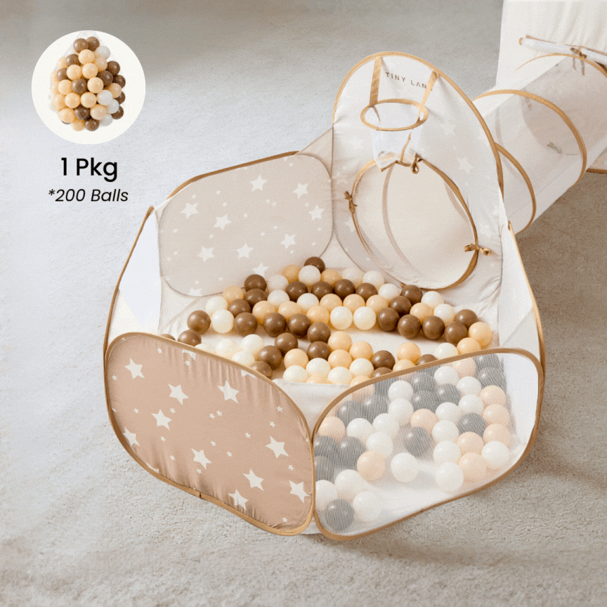 Hexagonal play tent with a mesh tunnel, filled with 200 pc Ball Pit Balls – Soft Mixed Tones in shades of beige, brown, and white.