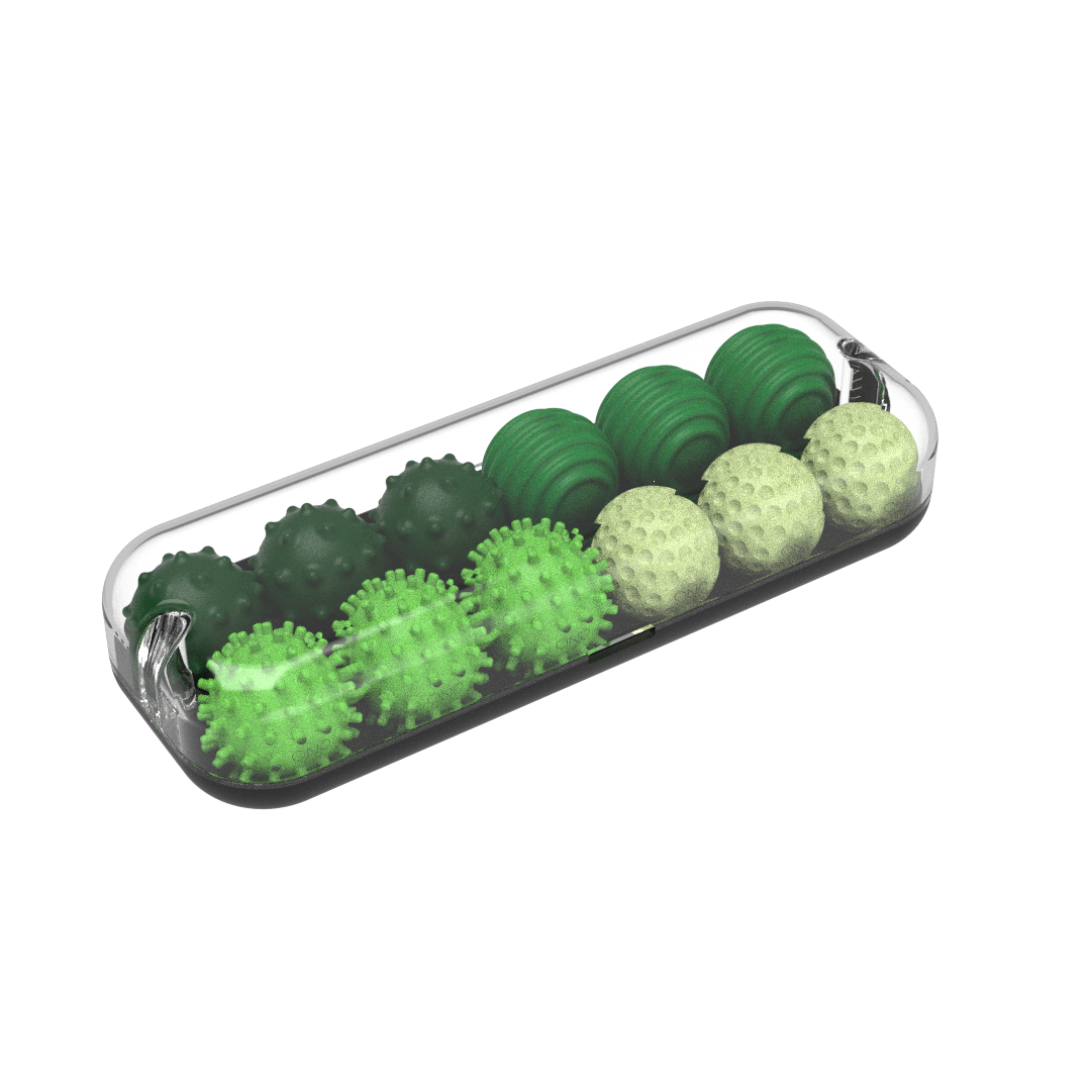 The ONO Sigbits set features nine emerald-colored massage balls, each with distinct textured surfaces in a transparent rectangular tray—ideal for sensory play or as a calming fidget toy.