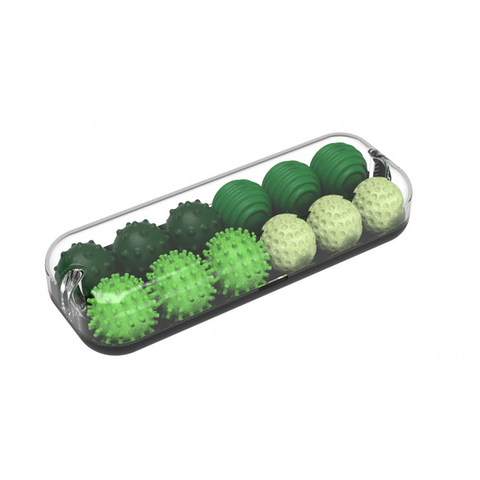 The ONO Sigbits set features nine emerald-colored massage balls, each with distinct textured surfaces in a transparent rectangular tray—ideal for sensory play or as a calming fidget toy.