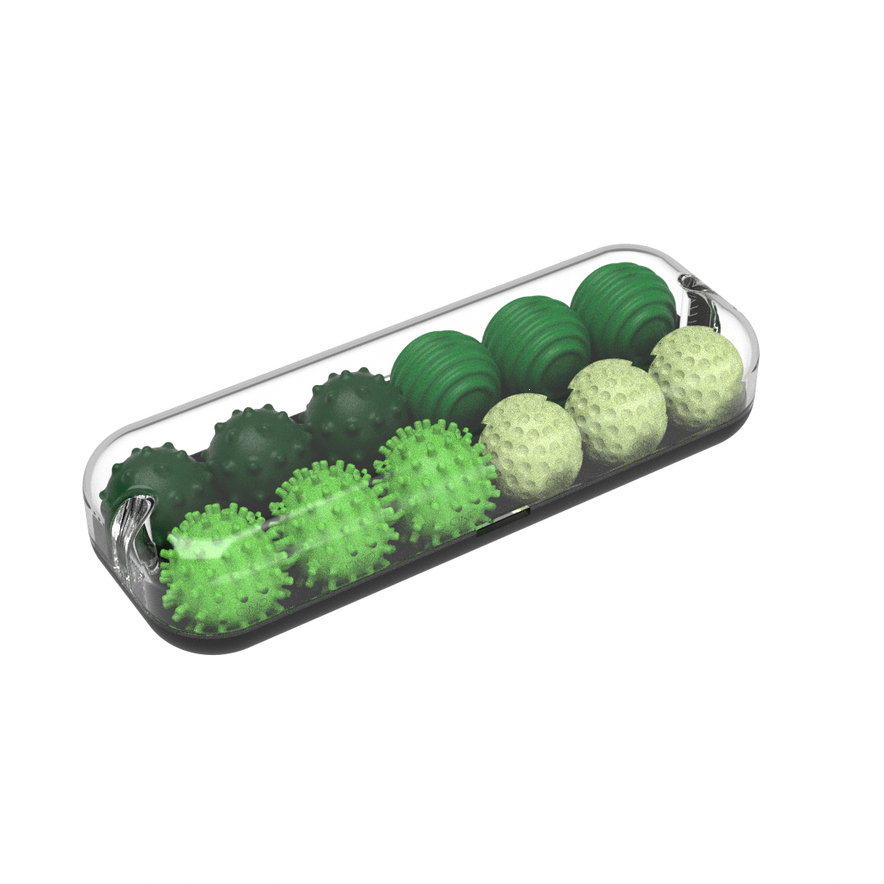 The ONO Sigbits set features nine emerald-colored massage balls, each with distinct textured surfaces in a transparent rectangular tray—ideal for sensory play or as a calming fidget toy.