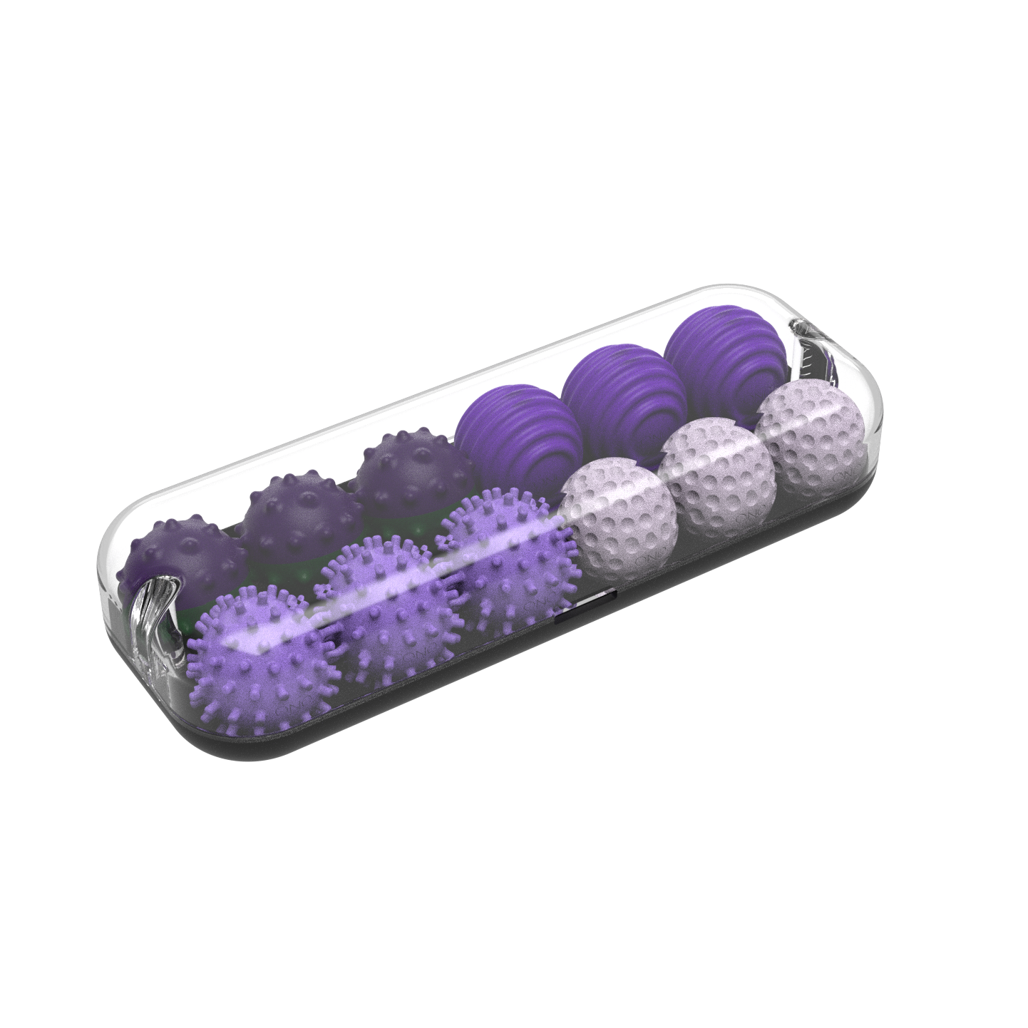 The ONO Sigbits set includes ten lavender massage balls with distinct spikes and ridges in a clear container—ideal as fidget toys or for sensory stimulation.