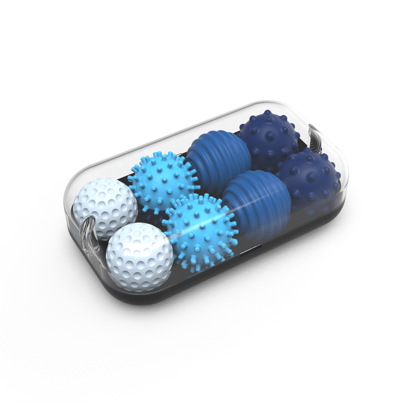 A clear capsule-shaped container holds six sapphire Signets, each featuring unique textured surfaces to enhance fidgeting and improve focus, all arranged neatly on a white background.