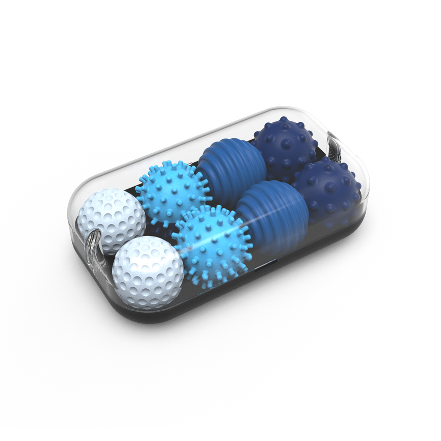 A clear capsule-shaped container holds six sapphire Signets, each featuring unique textured surfaces to enhance fidgeting and improve focus, all arranged neatly on a white background.