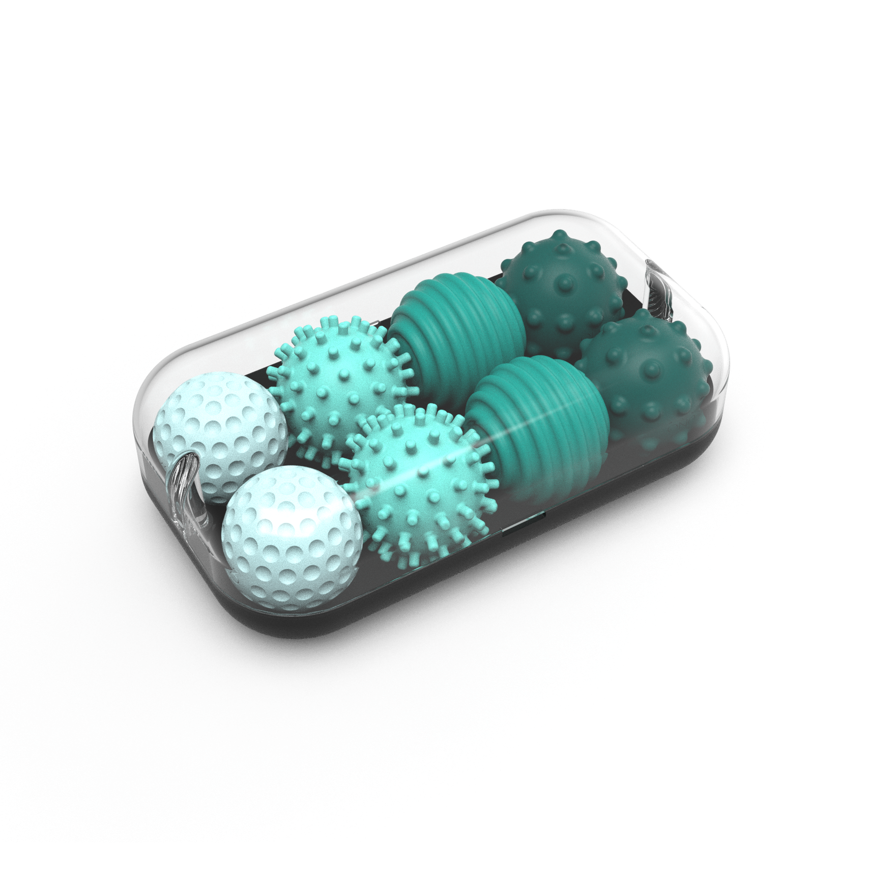 A transparent capsule holds six Signets—turquoise textured balls with varied bump and dimple patterns—arranged in two rows on a white background, designed to enhance focus and elevate your fidgeting experience.