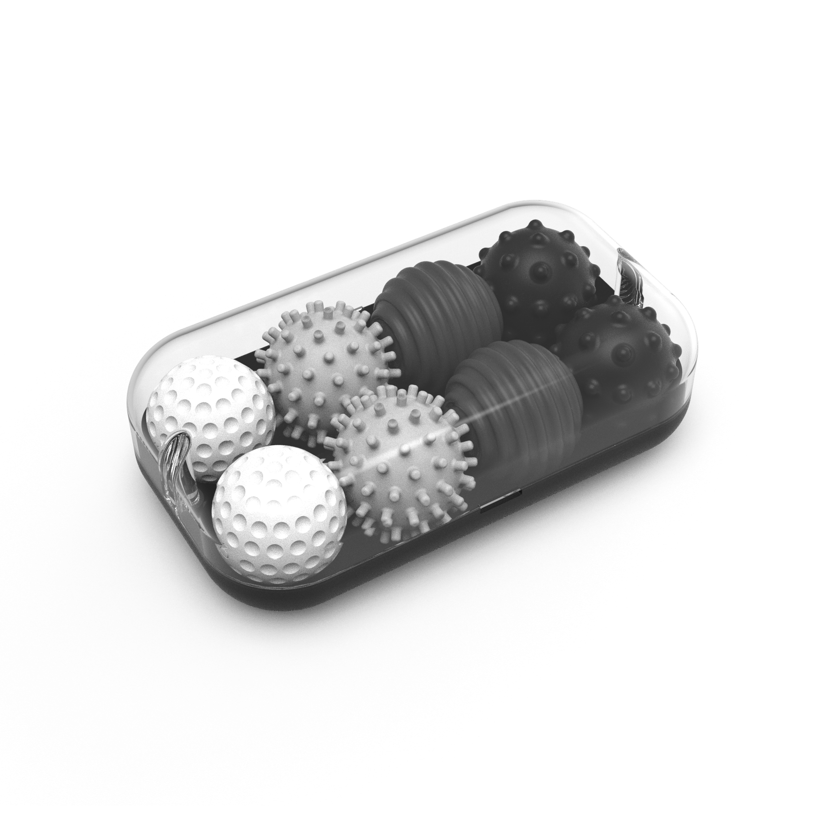 The Signets in Graphite include six textured balls—three dimpled and three spiky—arranged neatly in a transparent container, providing a satisfying fidgeting experience that aids focus.