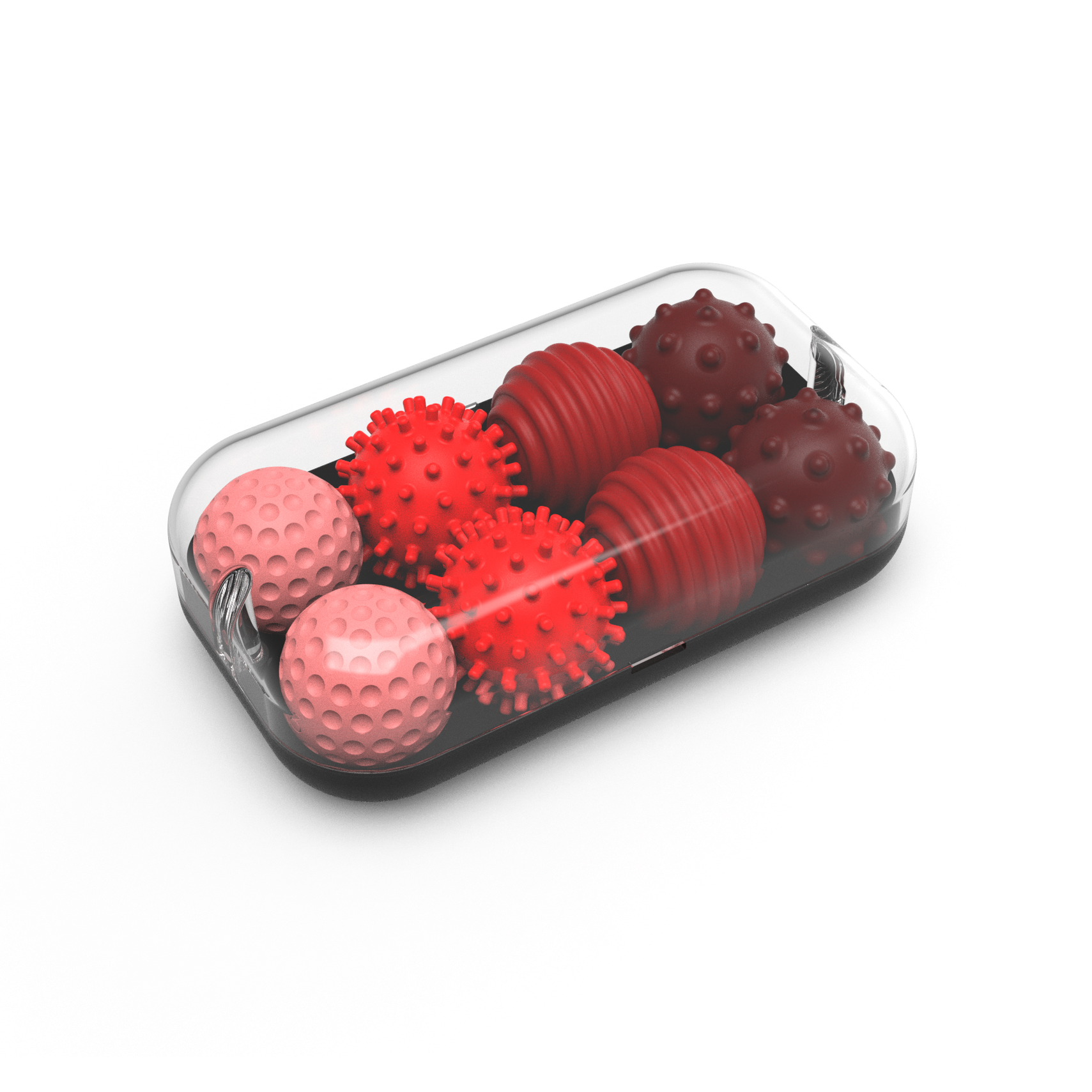 The Signets set features six ruby-colored textured balls with varied surface patterns like bumps and spikes, all contained in a transparent capsule, providing a unique fidgeting experience against a white background.