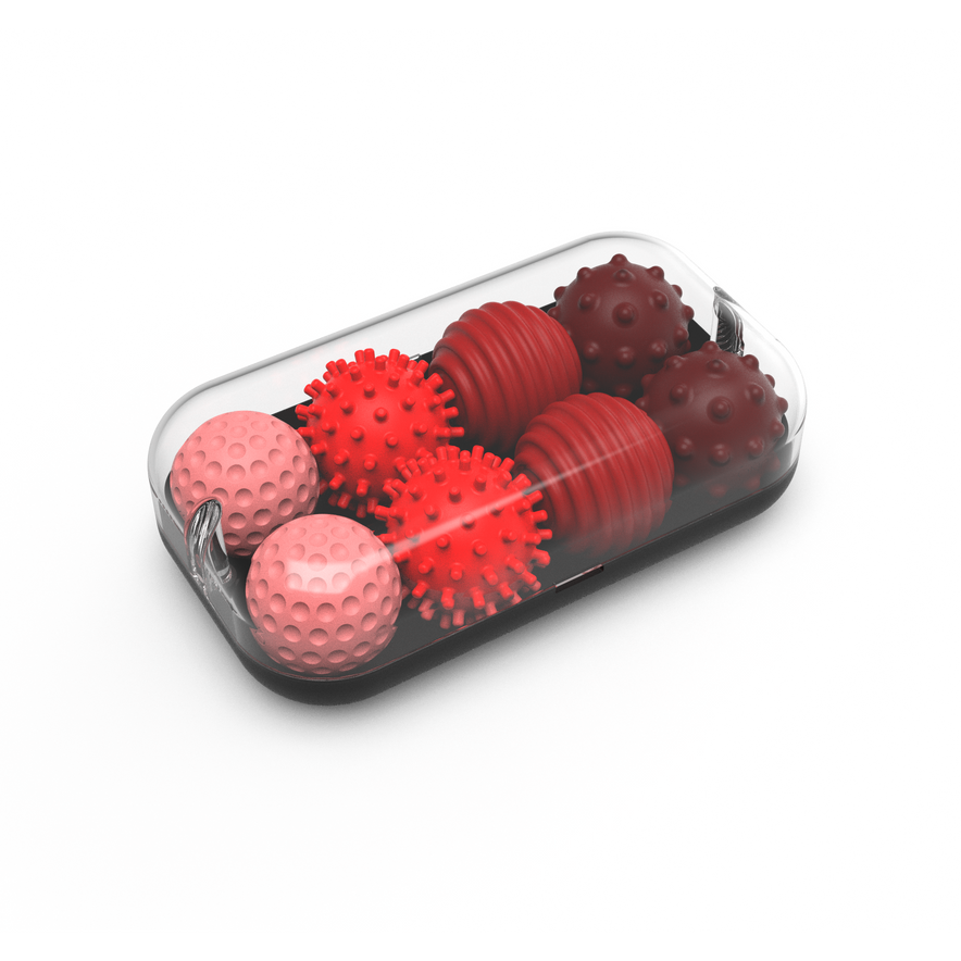 The Signets set features six ruby-colored textured balls with varied surface patterns like bumps and spikes, all contained in a transparent capsule, providing a unique fidgeting experience against a white background.