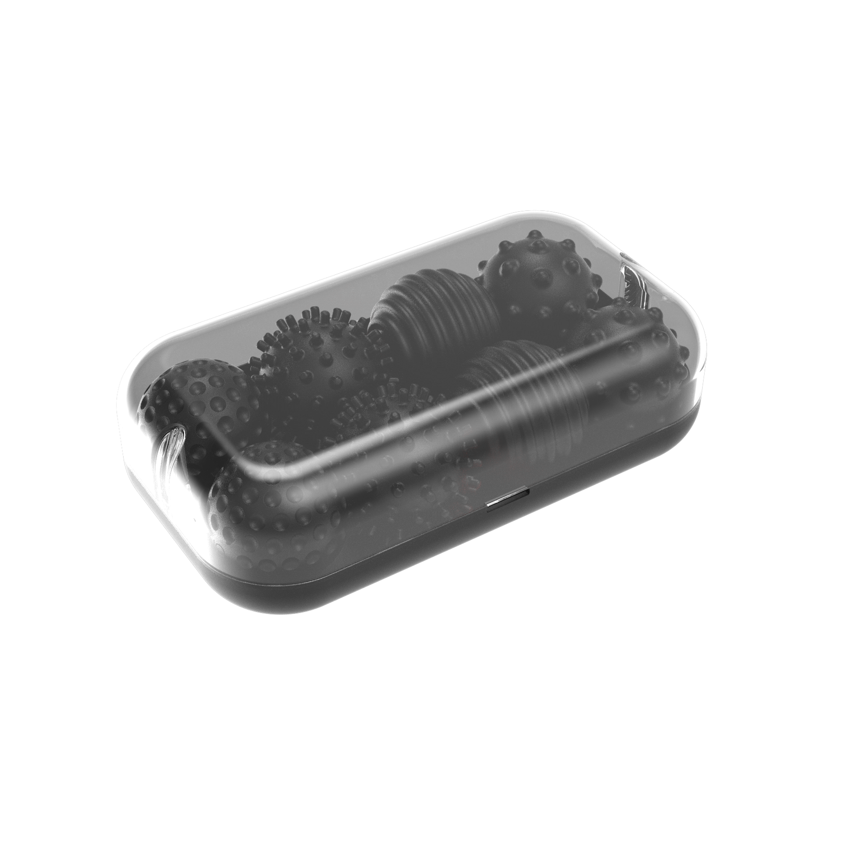 The Signets in Onyx are visible inside a transparent rectangular container with rounded edges, featuring several textured, spiky massage balls—ideal for enhancing fidgeting and improving focus.