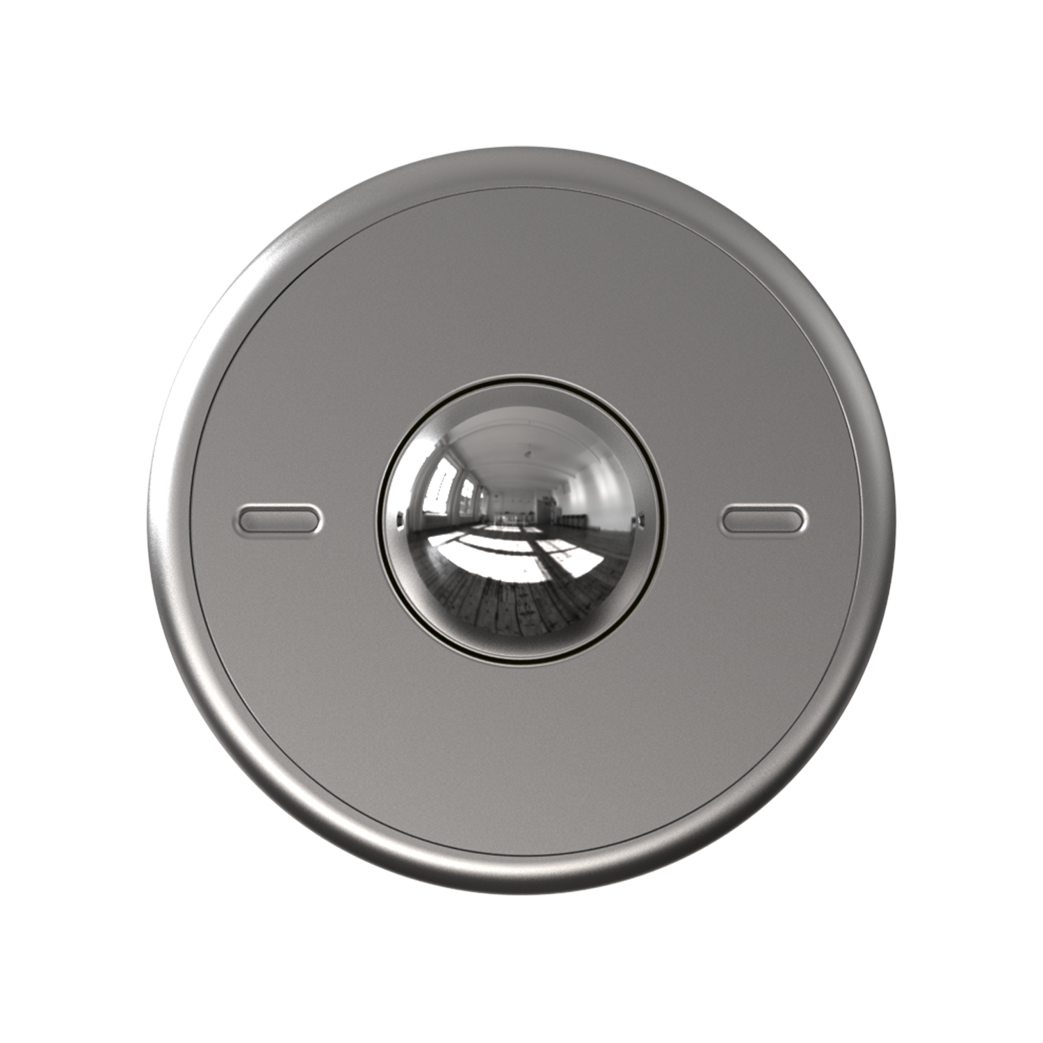 A silver ONO Scroller Aluminum with a reflective, dome-shaped center sits against a plain background. Its sleek design and shiny surface resemble a security camera lens, reflecting the light of a bright indoor room.