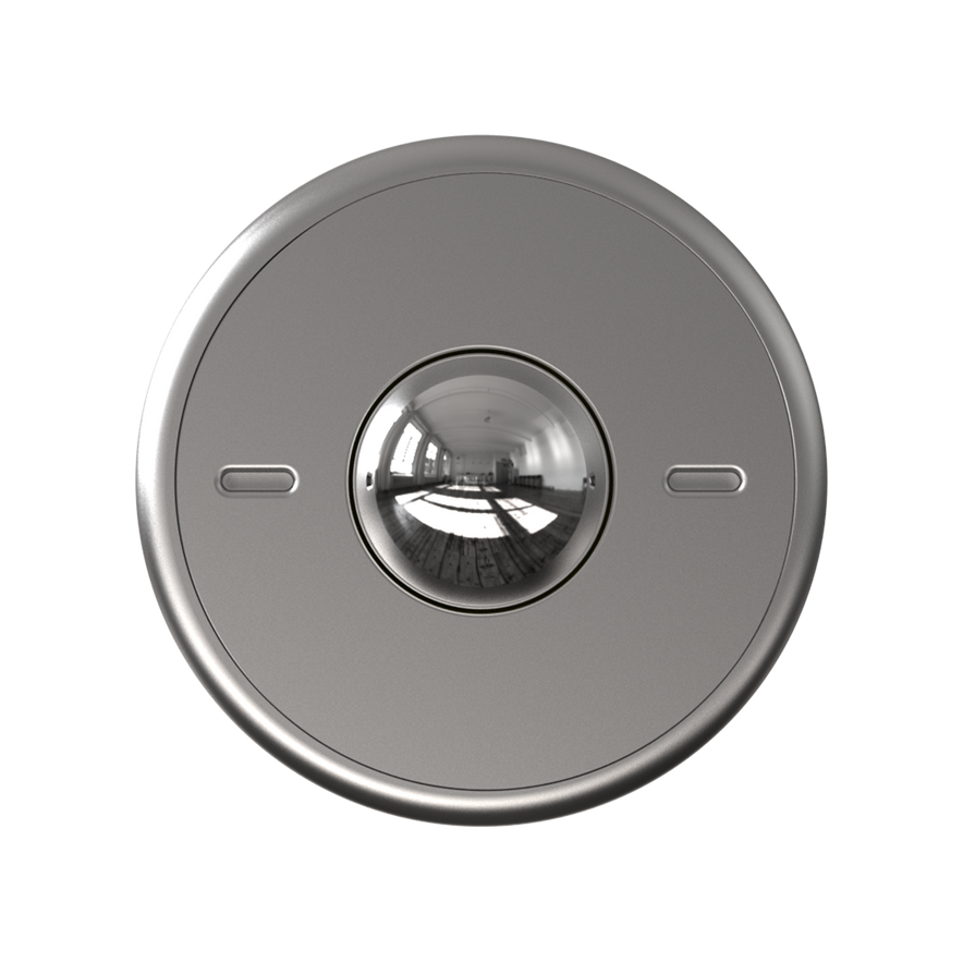 A silver ONO Scroller Aluminum with a reflective, dome-shaped center sits against a plain background. Its sleek design and shiny surface resemble a security camera lens, reflecting the light of a bright indoor room.