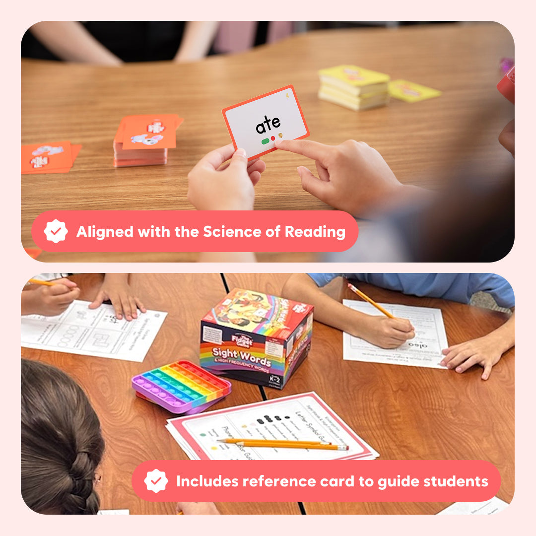 A student holds a card reading ate while playing the Confident Reader Game Bundle with a group at a table featuring word activity sheets, a game box, and a sensory toy.